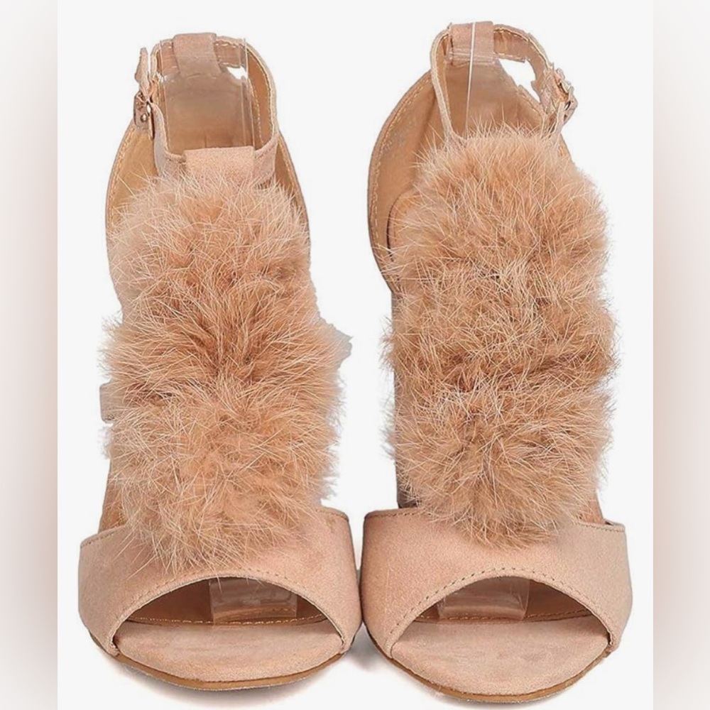 Pom Pom Ankle Strap High Heels Faux suede - approx.  0.25 Heel: 3.5", Toe: 2.25